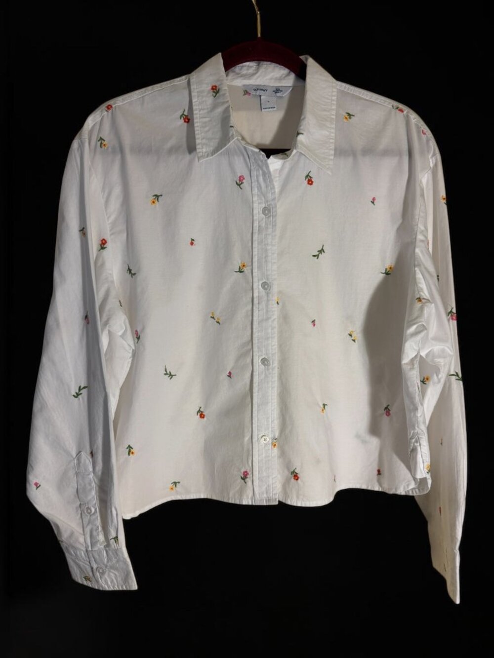 NWOT Old Navy Cotton Cropped Button Down Shirt- White w/ Multicolor Flowers Sz L